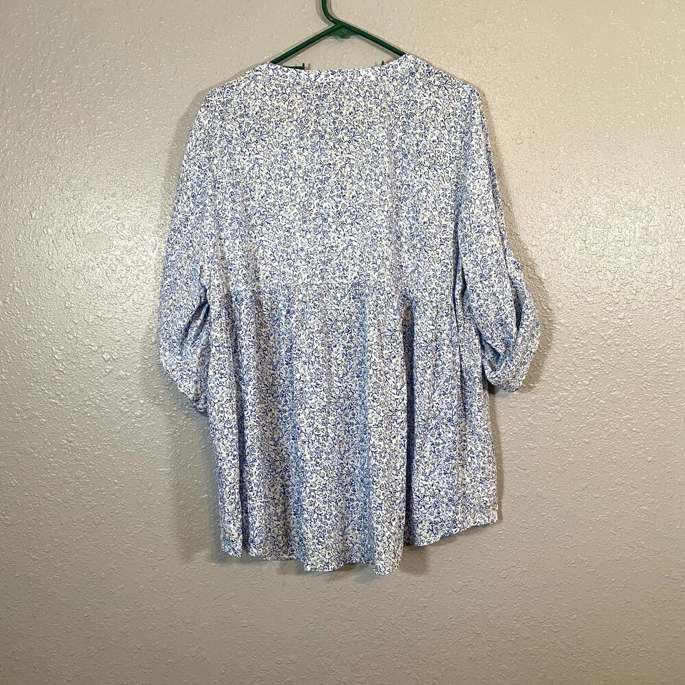 Anne Carson 1x Womens White Blue Blouse Button Floral Blue Green 3/4 Sleeve - Picture 2 of 7